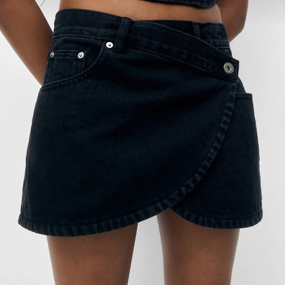 Pull&Bear black denim wrap mini skirt